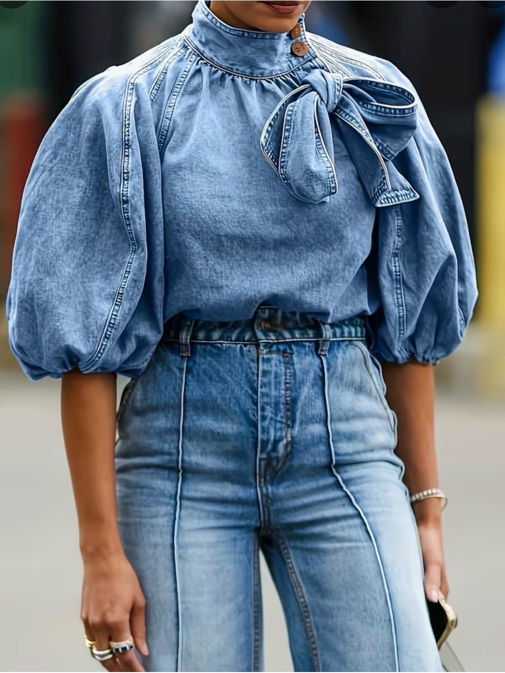 Light Blue Denim Puff-Sleeve Tie-Neck Top